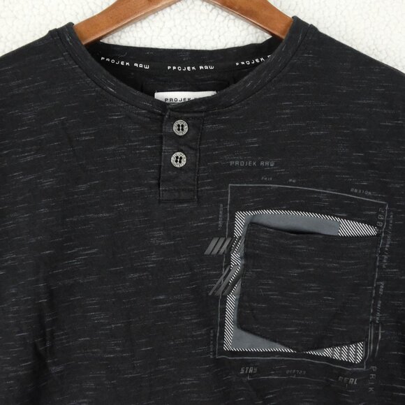 Projek Raw Shirt Mens Medium Black Striped Henley Long Sleeve Tee Lightweight - Picture 2 of 9
